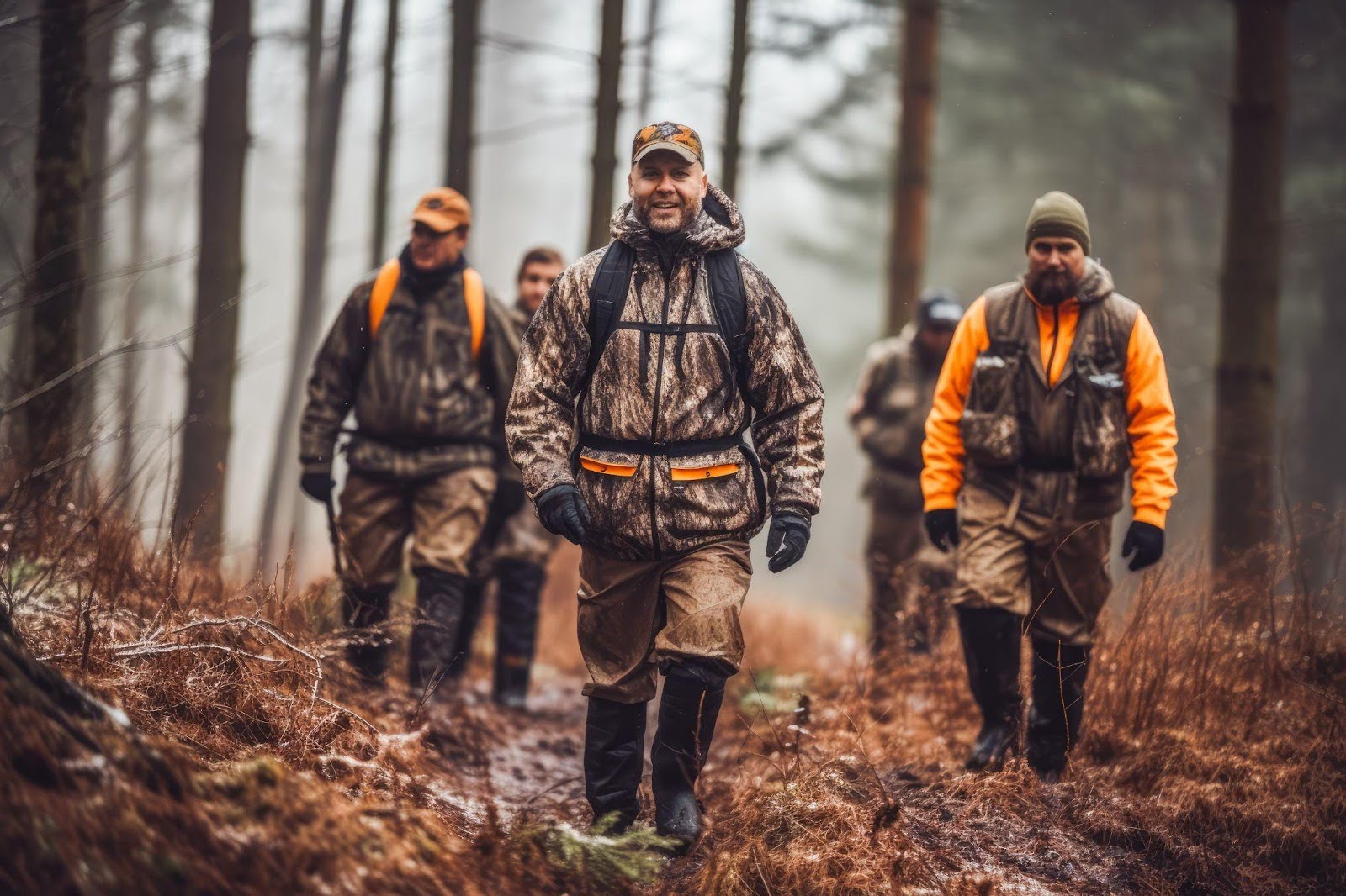 Four men in camouflage walking through a dense forest