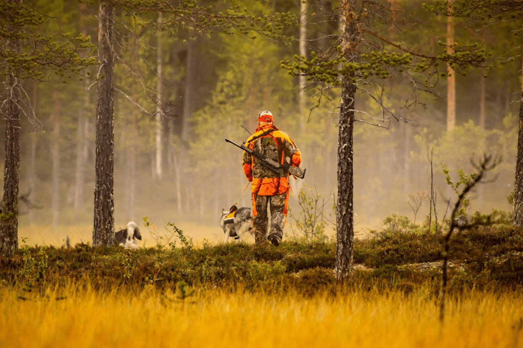 A man holding a gun stands in the woods with a dog beside him surrounded by trees and foliage