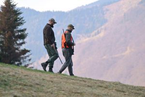 Two hunters in camouflage gear and caps one in an orange vest walk on a grassy hill with rifles