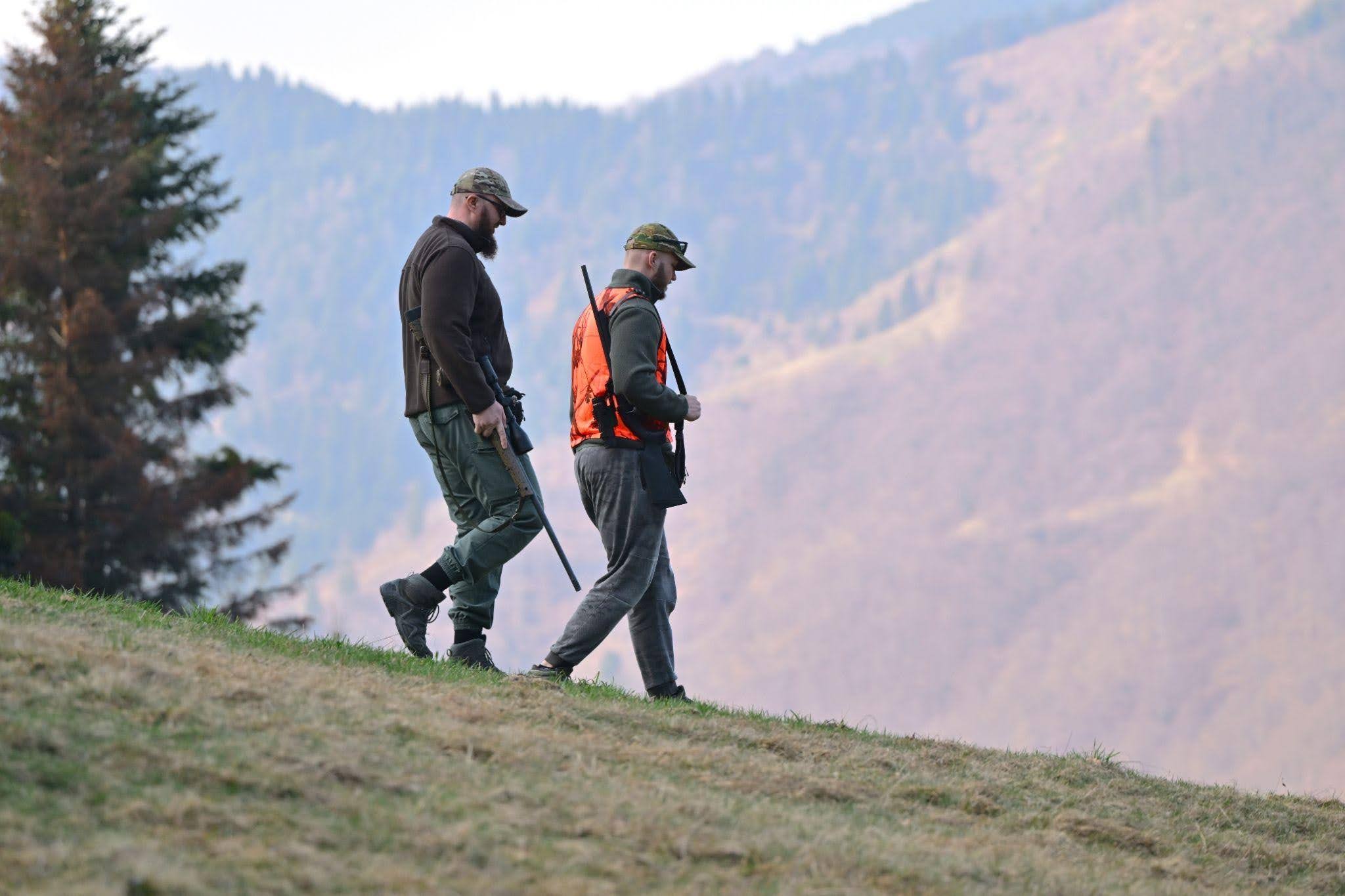 Two hunters in camouflage gear and caps one in an orange vest walk on a grassy hill with rifles