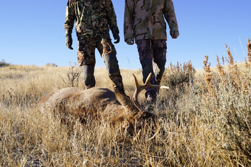 Two men pose next to a lifeless deer showcasing their successful hunt in a forested environment