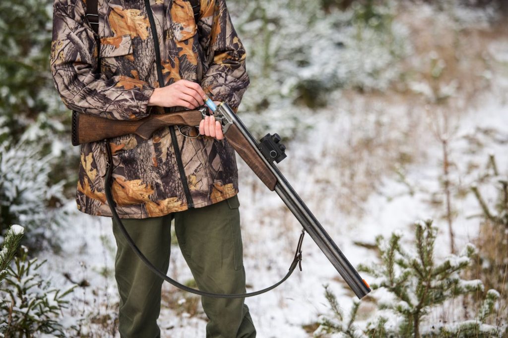 A man in camouflage gear holds a shotgun while engaging in hunting activities with a valid Hunting Permit