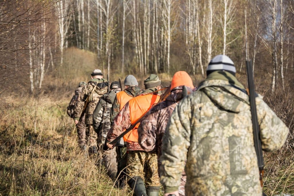 Group of hunters with gear trekking through forest on Outdoor Adventures with Hunting Outfitter.