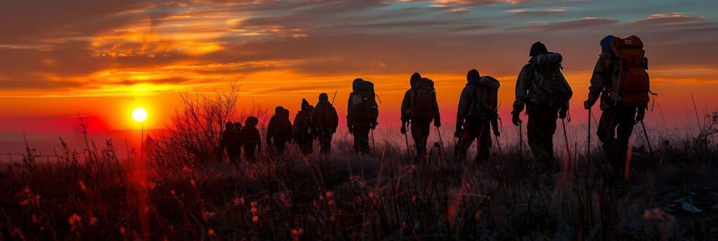 People in a row at sunset, preparing for Outdoor Adventures with Hunting Outfitter and Hunting Guides.