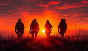 Sunset backdrop with four individuals. Outdoor Adventures, Hunting Outfitter, Hunting Guides.