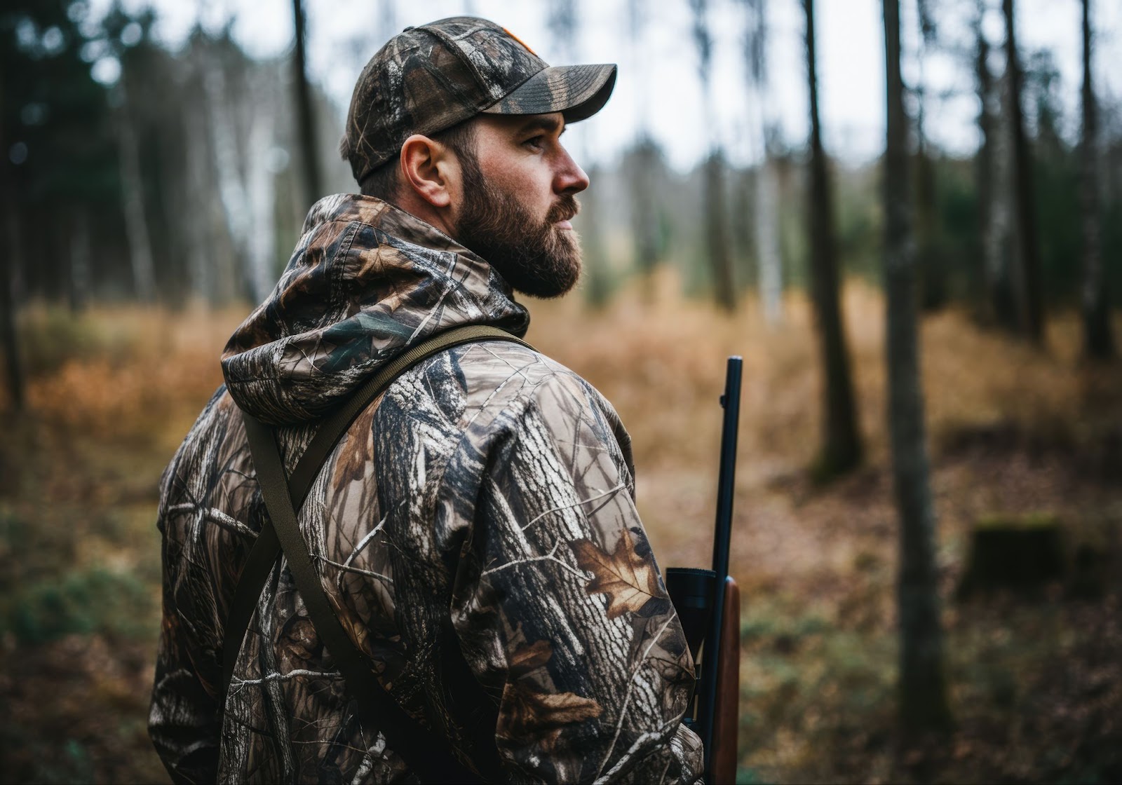 Hunter in camouflage gear with a rifle in a forest.