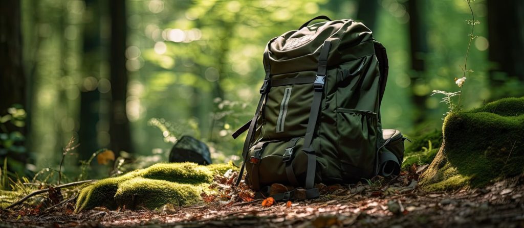 A green backpack resting on mossy ground in a sunlit forest.