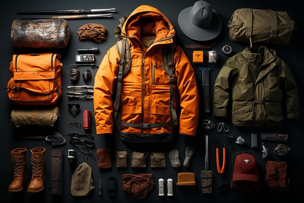 Outdoor gear including jackets, boots, backpacks, and accessories laid out on a dark background.