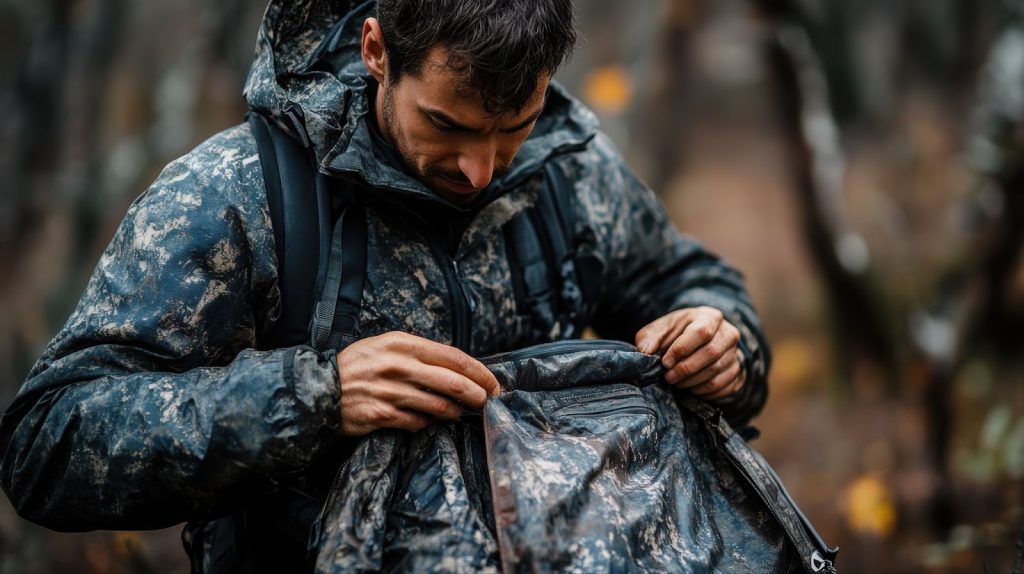 Person in camouflage jacket adjusting gear in a forest.