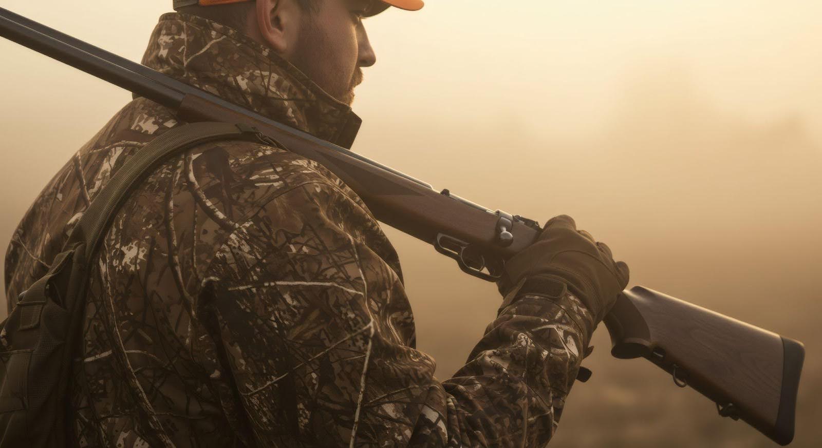 A man in camouflage attire grips a rifle poised in a military stance against a backdrop of trees