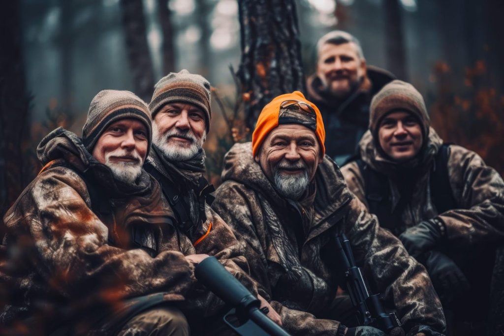 Four men in camouflage gear smiling together outdoors