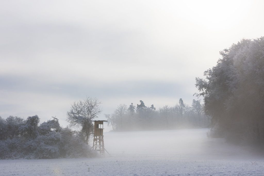 A wooden box blind stands in a snowy, fog-covered field next to frost-covered trees under a gray winter sky.