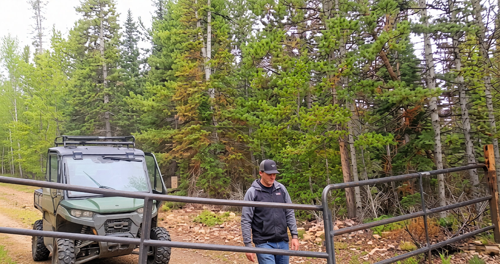 Stealth Cam security photo of UTV and person at ranch gate.