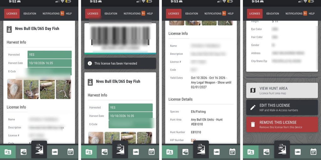 Harvest Info,Barcode & harvested status,License Info,Personal details (blurred)